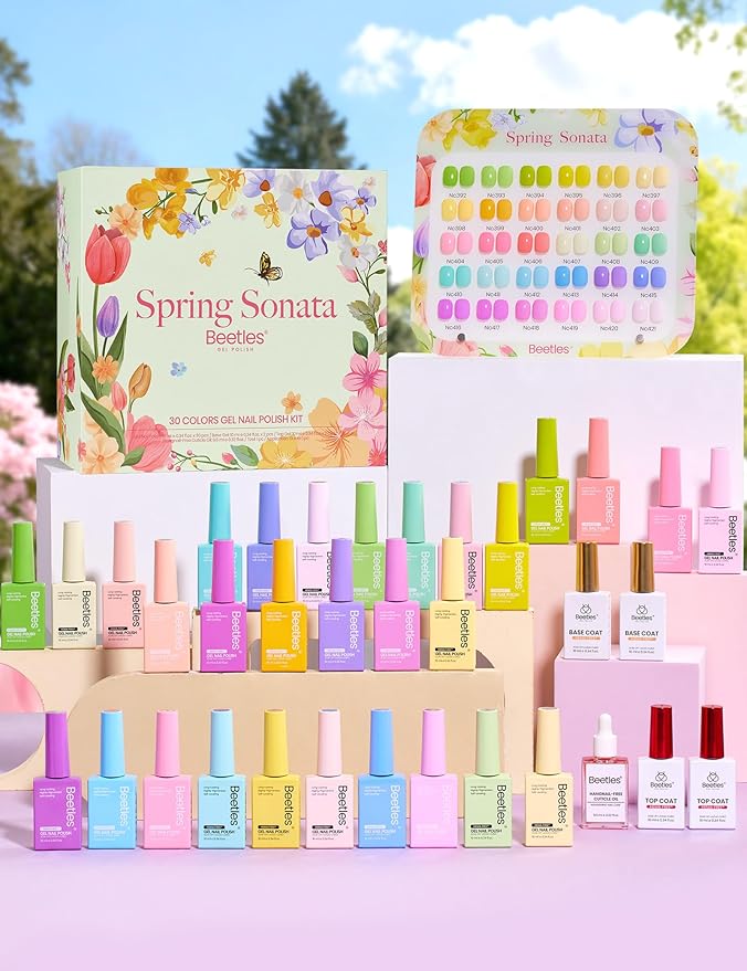Beetles Spring Gel Polish Set - Spring Sonata Colleciton, 30 Colors Hema-Free Yellow Pink Blue Purple Pastel Colors Polish with Base Top Coat Swatch Card Uv LED Lamp Gel Gifts for Women