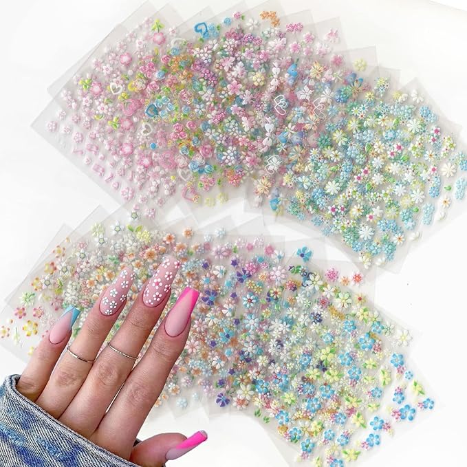 30 Sheets Flower Nail Art Sticker 3D Self-Adhesive Nail Art Supplies Colorful Flowers Rose Daisy Cherry Blossoms Nail Decals Pink Floral Nail Design for Women Acrylic Nails Decoration