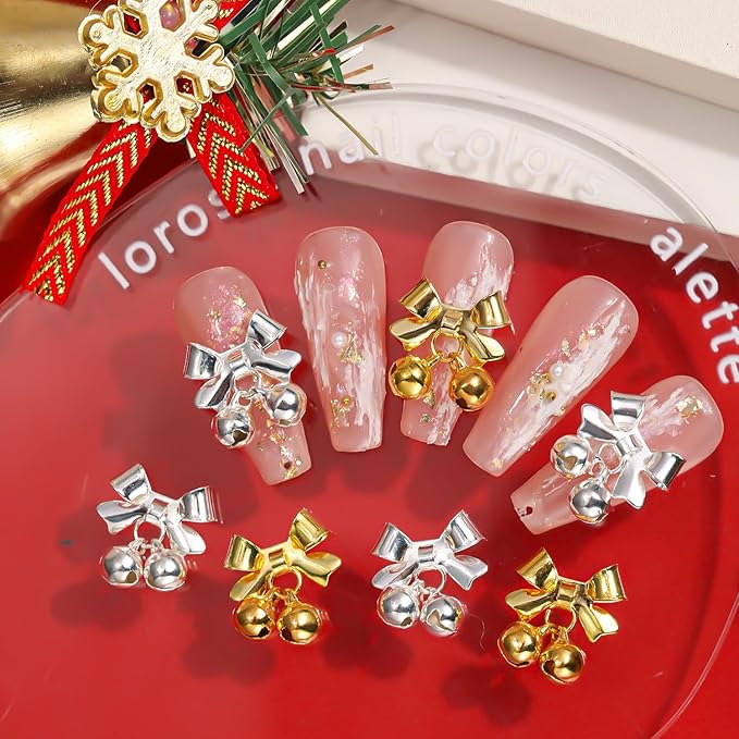 30pcs Christmas Bell Nail Charms - Gold, Silver Alloy, Red, Green - DIY Nail Decoration