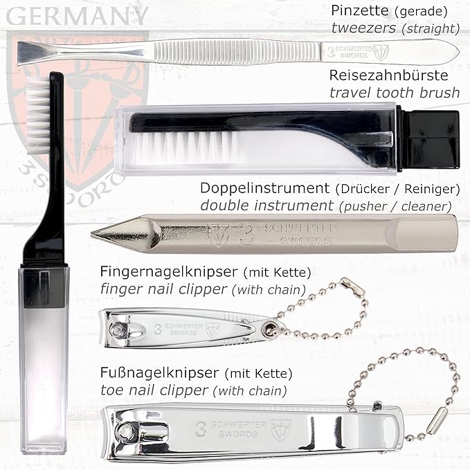 3 Swords Germany - brand quality 10 piece manicure pedicure grooming kit set for professional finger & toe nail care tweezers file clipper fashion leather case in gift box, Made by 3 Swords (01603)