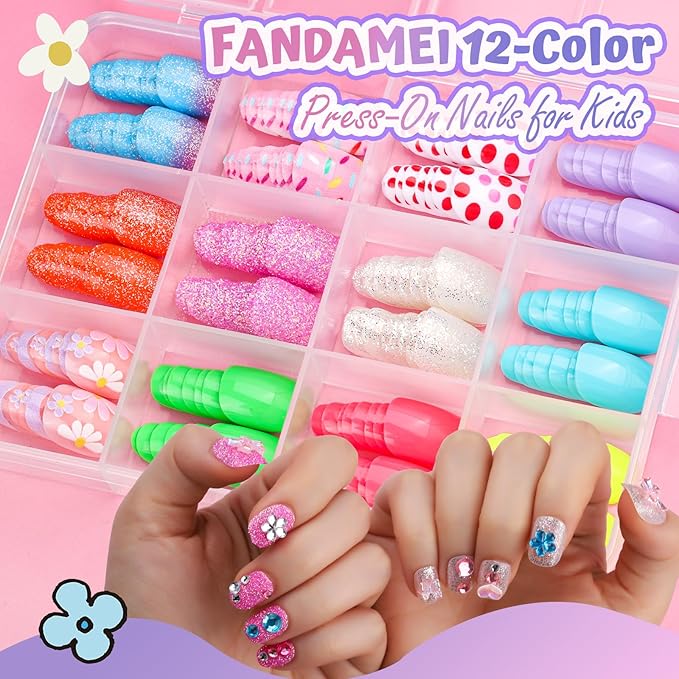 FANDAMEI Press On Nails for Girls, 12 Style Ombre Glitter Press On Nails for Kids, 6 Sheet Star Strawberry Bow Flower Nail Stickers for Kids, Colorful 3D Gem Stickers Face Gems, Nail Art Kit for Girls