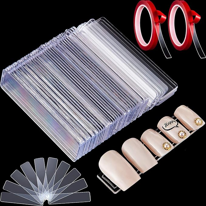 100 Pieces Transparent Nail Stand Nail Display Stand Holder Nail Boxes Packaging for Press On Nail Art Fake Nail Tips Practice Holder with 2 Rolls Double Sided Tapes for Nail Salon Home Office Supply
