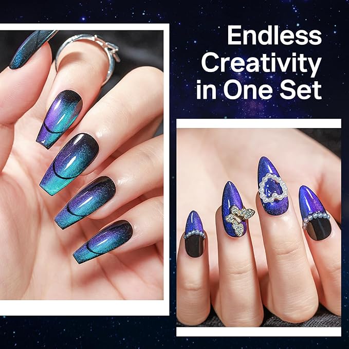 MIZHSE 8 Colors 9D Cat Eye Gel Nail Polish, Magnetic Gel Polish Kit with Magnet Stick, Galaxy Glitter Chameleon Effect Silk Velvet Cat Eye Nail Polish Soak Off Nail Art Design Ladies Gift