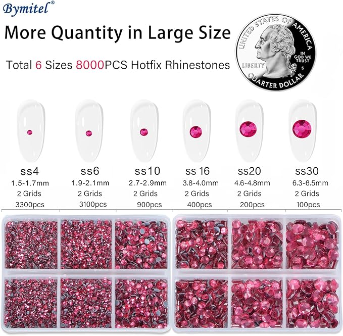 Bymitel Hotfix Crystal Rhinestones Round Gems for Crafts,Mixed 6 Sizes with Wax Pencil Kit, Rose 1.6-6.3mm SS4-SS30/8000pcs
