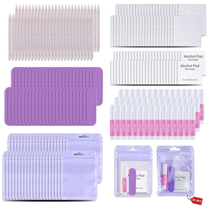 Press On Nail Tool Kit with Everything, Bebbtiy Press On Nail Prep Tool Kit Disposable Manicure Kit with Nail File, Nail Glue, Prep Pads, Adhesive Nail Tabs, Wood Stick, Packaging Bag (50pcs-purple)