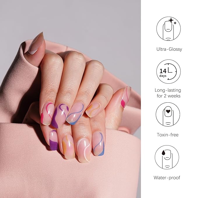 DANNI & TONI Semi Cured Gel Nail Strips Pink Blue (Aqua Colourful) Accent Gel Nail Wraps 28 Stickers