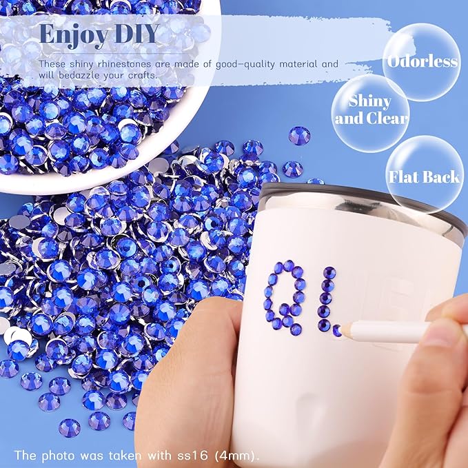 12000PCS 2mm Resin Rhinestones Bulk for Crafting (Royal Blue), Flatback Bedazzling Crystals for Crafts DIY Nail Decoration, Gems Charms for Tumbler Shoes Clothing Fabric with Pickup Pen and Tweezers