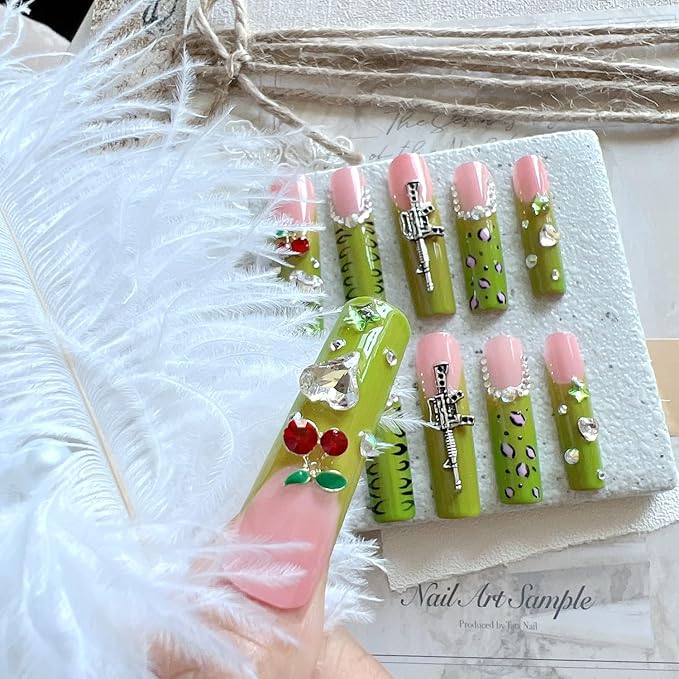 NAIL ANGEL 10PCS/SET Handmade Press on nails Metal Glitter Rhinestone Green Leopard Prints Crystal Cherry Gem Long Coffin Nails Party Nails XXL Long Artifical Tips ZJ-07 (Multi-Color, ZJ07-M)