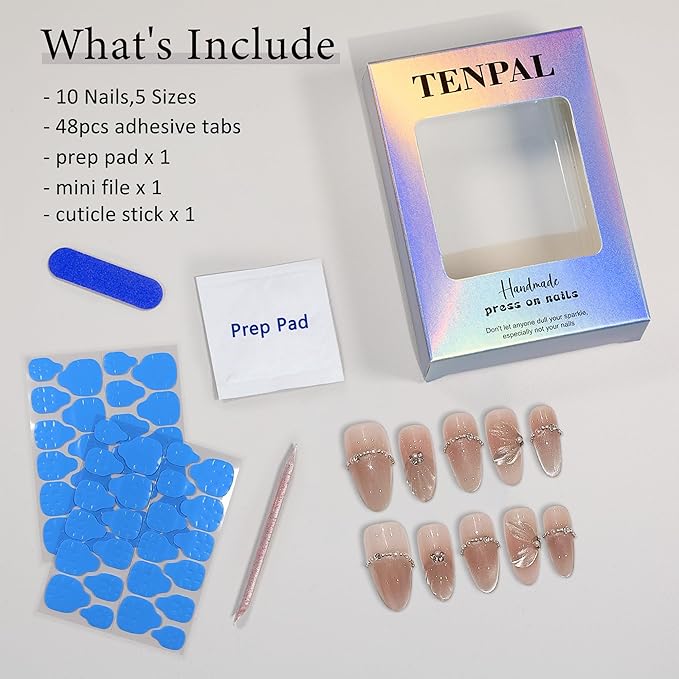 Mermaid Cat Eye Press on Nails 10Pcs Kit,Medium Almond Nude Pink Fake Nails with 3D Wave Shell, Chain Rhinestone French Tips Spring Summer False Nails,Handmade Glue on Nails Luxury Design(M)