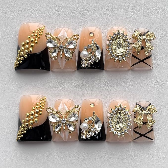 French Tip Press on Nails Handmade Short Duck 3D Flower Thick Acrylic Nails Black False Nails with Bow Rhinestones Butterfly Designs Elegant Glossy Fake Nail Sturdy Art Press on Nail 10Pcs(M)