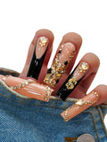 10PCS Black and Orange Press On Nails – Long Coffin Fake Nails with Rhinestones, Gold Stud Strips & Glitter Chains, Glossy Reusable Luxury Nails for Women and Girls – Euphrosyne