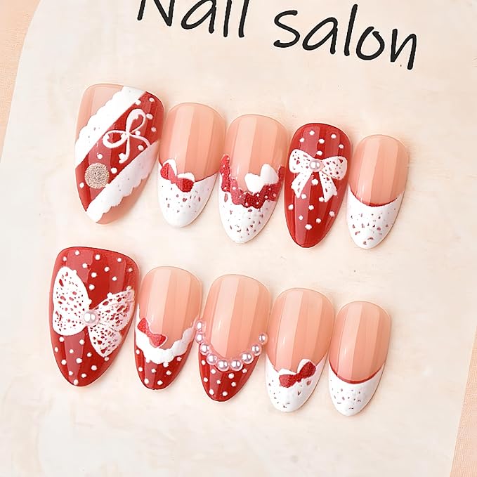 30Pcs Valentines Day Press on Nails Medium Almond Fake Nails with Pearl Lace Bow Design Glossy Polka Dots Red French Tips Glue on Nails Lace Butterfly Full Cover Stick on Nails Acrylic Nails for Women