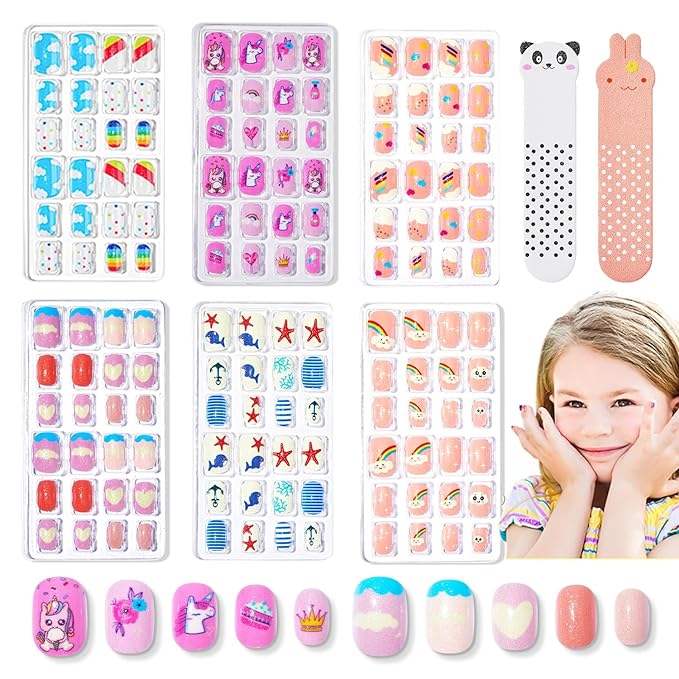Modelones Press on Nails for Kids 144Pcs 6 Pack Children Acrylic Fake Nails Pre-glue Full Cover Glitter Gradient Color Cloud Heart Short False Nail Art Kits Sets Christmas Gifts for Kids Girls