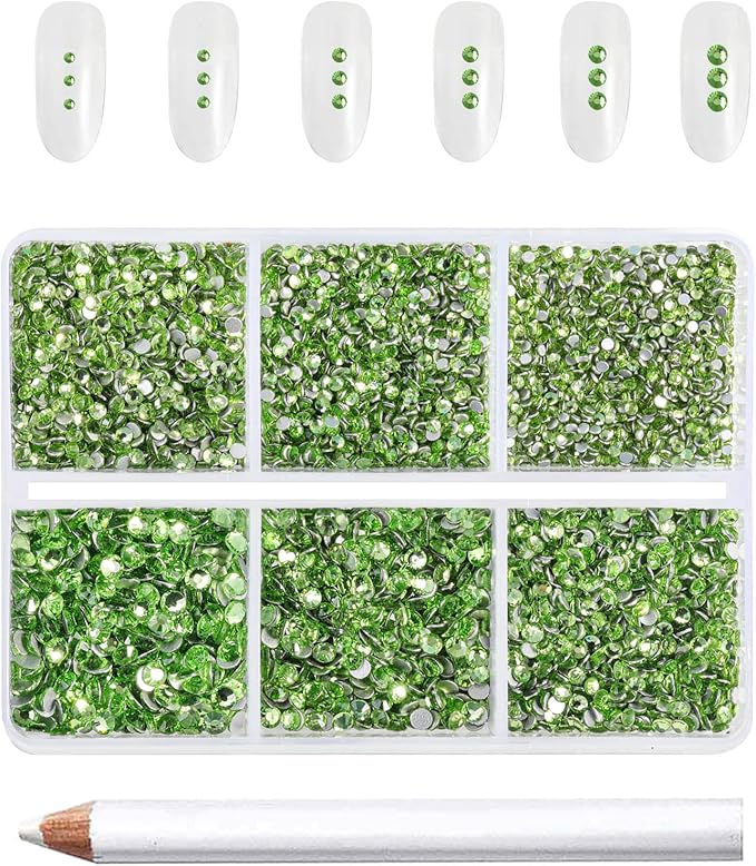 Beadsland 7200pcs Flatback Rhinestones,Light Green Rhinestone Nail Gems Round Crystal Rhinestones for Crafts,Mixed 6 Sizes with Wax Pencil Kit, SS3-SS10,Peridot/Light Green