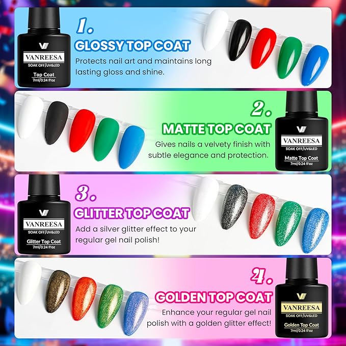 VANREESA 24 Pcs Gel Nail Polish Set -Bright Colors Gel Polish with Base Coat & 4 Effects of Top Coat Bright Yellow Orange Pink Red Green Blue Purple Gel Polish Set Nail Kit Gifts for Women Girls