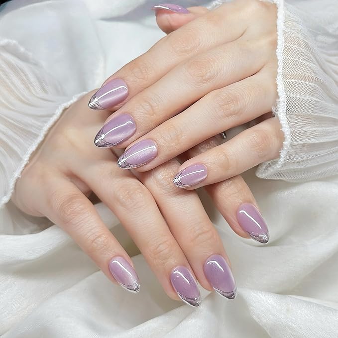 Press On Nails Short Almond Cat Eye Purple Light with Silver Glitter French Tip| Reusable Soft Gel Nails in 12 Sizes 24 Nail Kit with Glue|Designed in L.A, Handmade in Vietnam|Velvet Twilight