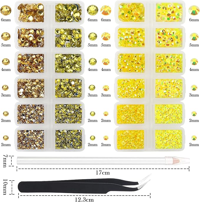 15000PCs 2-6MM Yellow Series Resin Flat Back Rhinestones, Round Non Hotfix Jelly & Silver Bottom Resin Rhinestones Nail Gems Stones with Tweezer & Picker Pen for Nail Art Tumblers & DIY Crafts