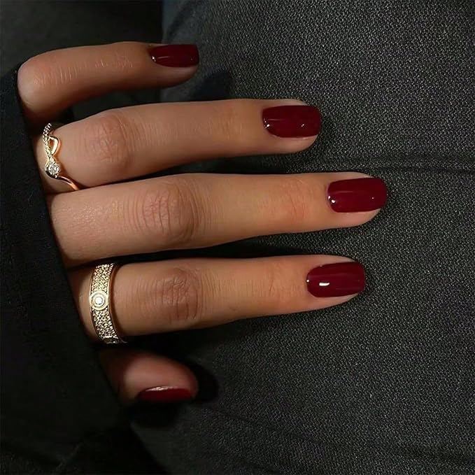 Burgundy Press On Nails Short Square Shape, Glossy Gel Finish Acrylic Fake Nails Kit, Reusable Glue On Nails, Long-Lasting, Natural Stick-On Manicure Set for Women, 24pcs DIY Elegant Nails