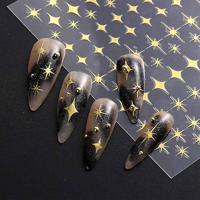 12 Sheets Star Nail Art Stickers Decals Gold Silvery Nail Stickers Star Design 3D Self-Adhesive Nail Decals Black White Manicure Supplies for Holiday Nail Art Decorations