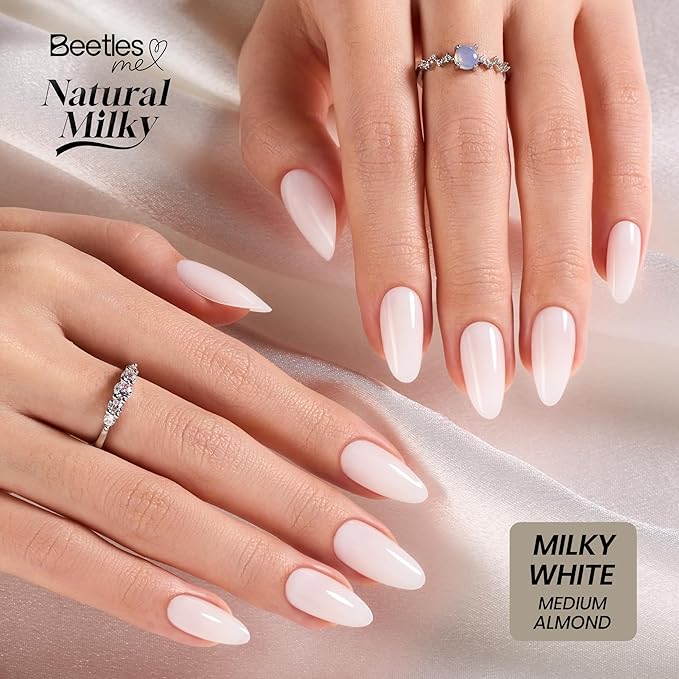 Beetles Natural Milky White Press On, Medium Almond Press On Nails, Soft Nail Gel Nail Kit with Fast-Dry Nail Glue & Adhesive Tabs, 32pcs 16 Sizes, Girls Stick On Nails for Women