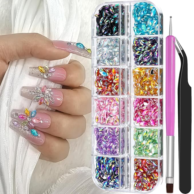 960pcs 3x6mm Horse Eye Nail Rhinestones, 12 Colors Sparkling Shiny Crystal AB 3D Flatback Gems Shiny Nail Diamonds with Tweezers and Dual-end Brush for Crafts DIY, Face Makeup Gems Jewels (10-K1)