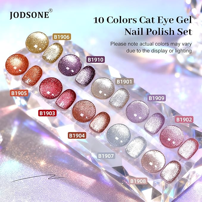 JODSONE Cat Eye Gel Nail Polish Set 10 Colors Red Purple Silver with Magnetic Base Coat Top Coat Magnetic Effect Sparkle Stunning Soak Off U V Manicure Gifts