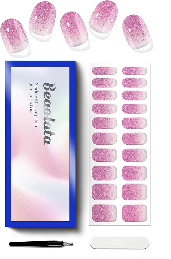 Semi Cured Gel Nail Strips - UV Light Gel Nail Stickers - 20 Long Lasting Salon Quality Wraps (Dawn Haze Pink)