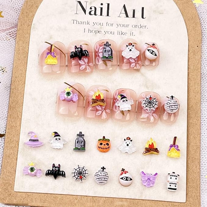 100Pcs Halloween Nail Art Charms Multi Shapes Colors 3D Pumpkin Torch Broom Nail Charms Cute Cartoon Bandage Web Ghost Tombstone Hat Nail Art Rhinestones Mini Flatback Nail Supplies for DIY Nails Art