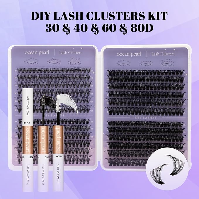 Ocean Pearl Lash Clusters 600pcs 10-18mm Lash Clusters kit 30/40/60/80D Cluster Eyelash Extensions Kit,Eyelash Clusters,Eyelashes,DIY Lashes Clusters Extensions kit with lash adhesive+sealer+tweezers