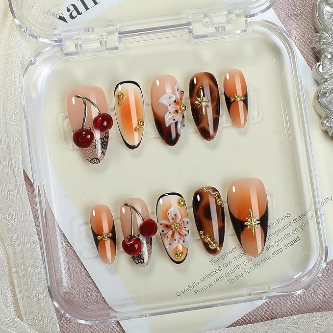 Handmade Luxury French Press On Nails, Leopard Amber Tortoiseshell 3D Cherry Short Almond Fake Nails, Salon Quality Acrylic Nail Tips with Brown Floral & Gold Accents, Holiday Vibe 10pcs Reusable Set
