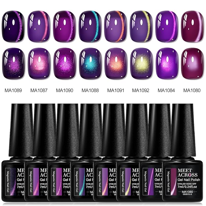 MEET ACROSS 9Pcs Cat Eye Gel Nail Polish Set Glitter Purple Magnetic Gel Polish Kit with Magnet, Sparkly Shiny Magnetic Cateye Nail Polish DIY Manicure Kit 8 Colors