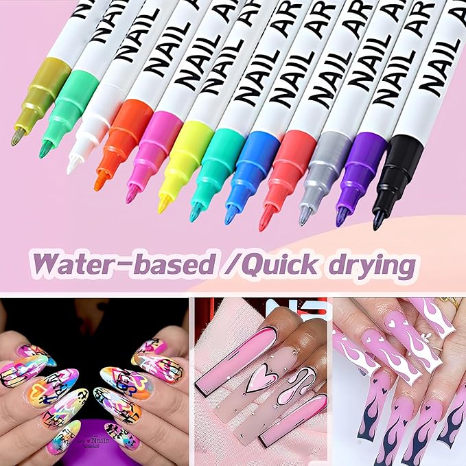 12 Colors Nail Art Pens, Quick Dry Nail Marker Pens Set for DIY Nail Design, Nail Art Markers Nail Tools for Home & Salon Manicure