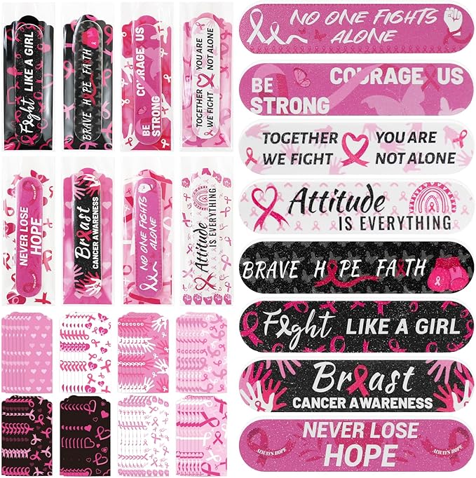 200 Pack Breast Cancer Awareness Accessories Bulk Nail Files Items, Pink Ribbon Emery Board Gifts for Breast Cancer Survivor Women Party Favors Giveaways