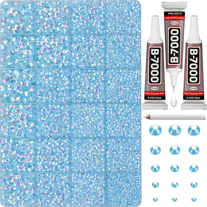 33000Pcs Light Blue Rhinestones for Bedazzling, Bedazzler Kit with Flatback Craft Rhinestones Bulk and B7000 Glue, 2,3,4,5,6mm Resin Flat Back Crystals for Craftings, Crafts, Clothes, Shoes, Nails