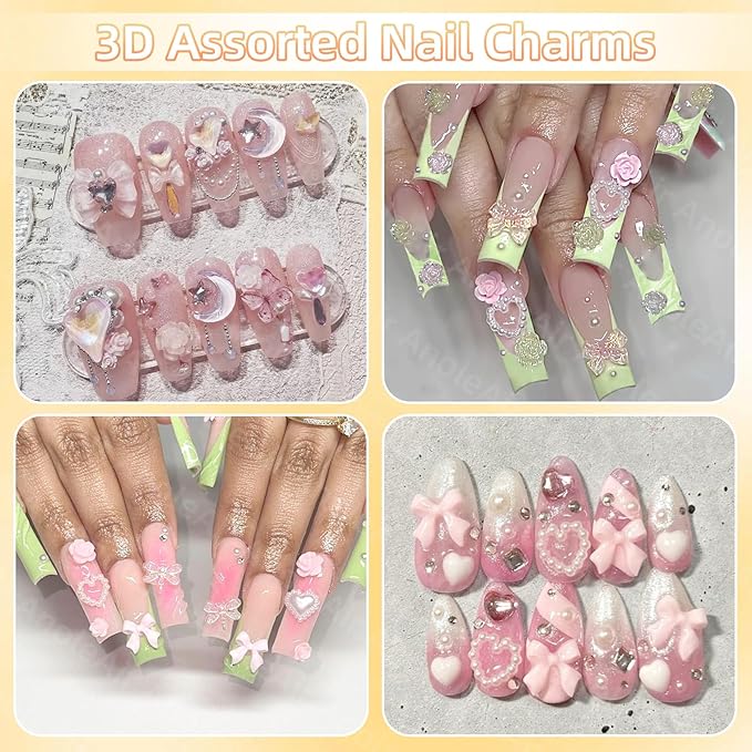 Assorted Junk Case Charms Kit, 3D Nail Charms and Flatback Pearls Gems Set, Gold Silver Nail Butterfly, Flower Bows 3D Nail Charms and Gems, Charms for Nails Design for Nail Art DIY with Pickup Tools
