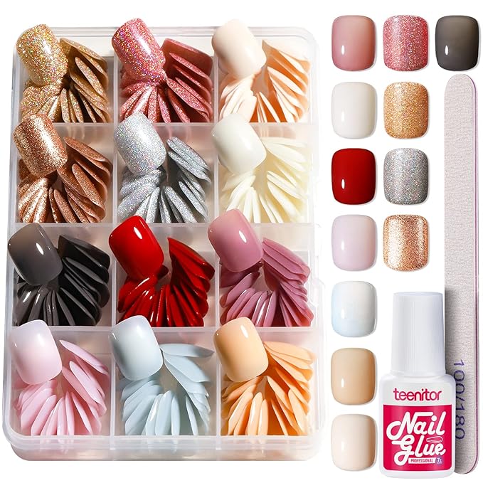 Teenitor Short Press On Nails,Press On Manicure, Glossy Square Press on False Nails, Natural Fake Nails,288pcs