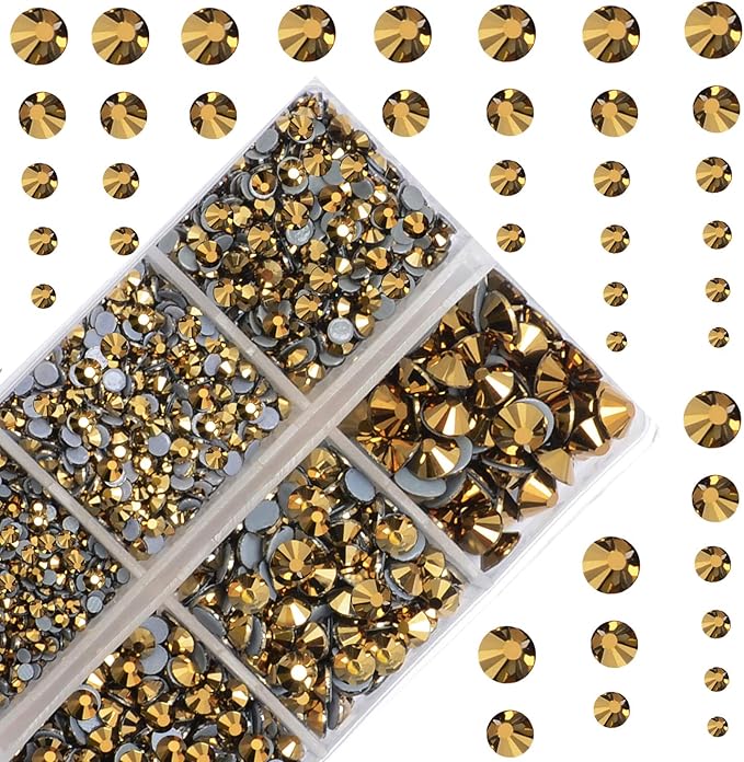 4000Pcs Mixed Size Hot Fix Round Crystals Gems Glass Stones Hotfix Flat Back Rhinestones (Mine Gold)