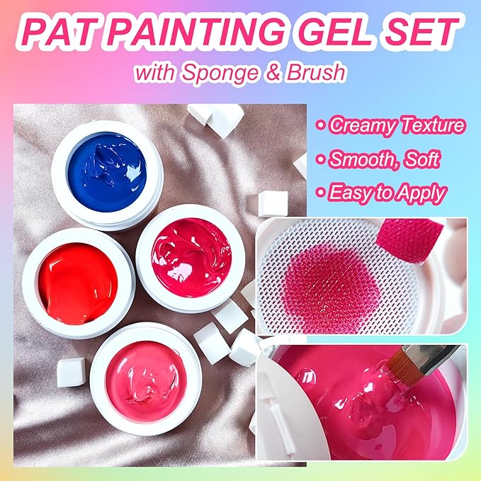 Neon Patting Gel Polish, 6 Color Bright Fluorescent Cushion Gradient Solid Aura Pat Painting Gel Set with Ombre Nail Sponge for DIY Beginner Design Salon Home Soak Off UV, D