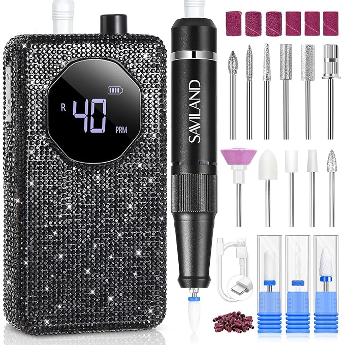 SAVILAND Professional Nail Drill 40000 RPM: Portable Electric Nail Drill Kit File Machine with Ceramic Nail Bit Sanding Bands for Quick Acrylic Removal Manicure Salon Home Use, Black Diamond