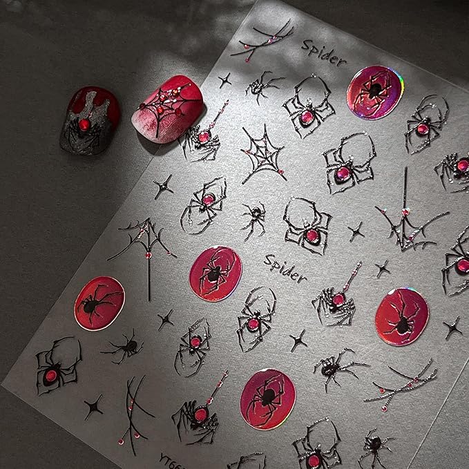 Halloween 5D Embossed Nail Art Stickers Decals Spider Gem Nails Sticker Spider Web Nails Decal Self-Adhesive Nail Art Decals for Women Halloween Decor