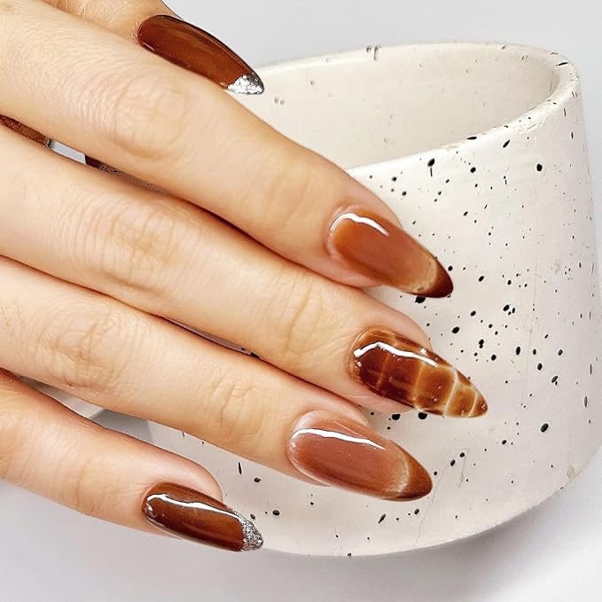 Press On Nails Medium Almond Brown Cafe with Silver Glitter French Tip & More| Reusable Soft Gel Nails in 15 Sizes -30 Nail Kit with Glue | Designed in L.A, Handmade in Vietnam | Espresso Chic