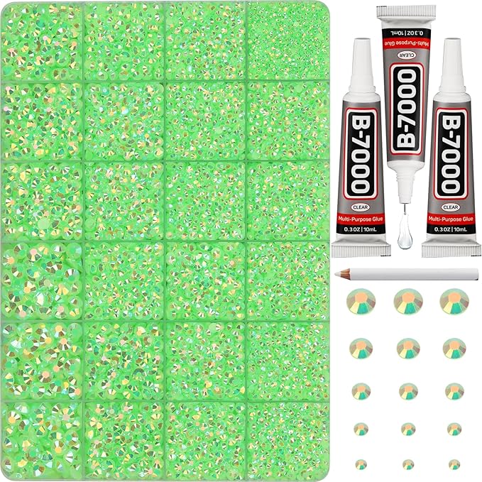 33000Pcs Lime Green Rhinestones for Bedazzling, Bedazzler Kit with Flatback Craft Rhinestones Bulk and B7000 Glue, 2,3,4,5,6mm Resin Flat Back Crystals for Craftings, Crafts, Clothes, Shoes, Nails