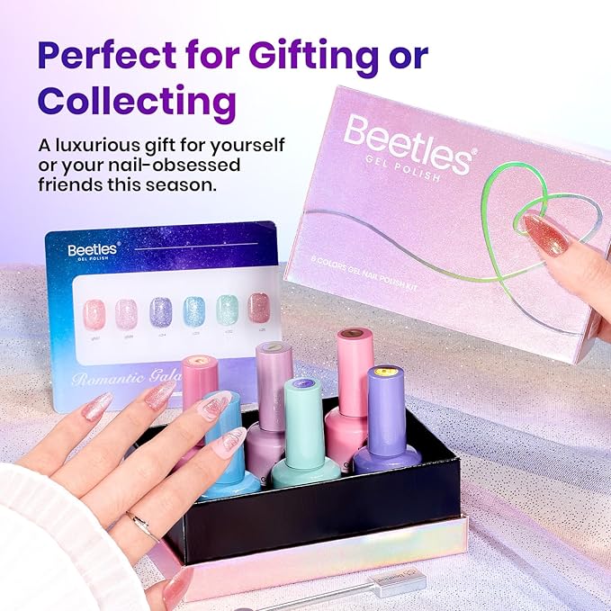 Beetles Stardust Whisper Cat Eye Gel Nail Polish Set - 6 Colors Spring Gel Polish Kit Glitter Cat Eye Pink Blue Purple Red Green Velvet Gel Magnet Soak Off UV French Nail Art Manicure Gift for Women