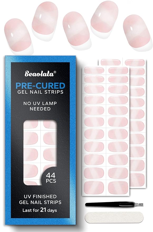 Pre Cured Gel Nail Strips - 44PCS Salon Quality Gel Nail Stickers - Long Lasting Polish Wraps for Women no UV Light Needed Easy Apply & Remove (Chic Pink）