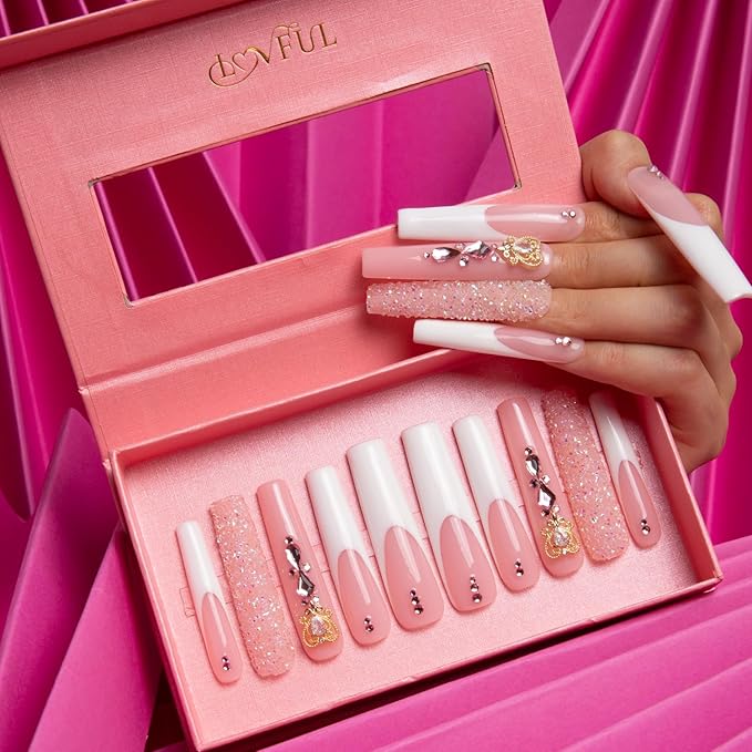LOVFUL Press on Nails Sweet Elegance | Handmade with Full Covered Crystals | Reusable Fake Nails | Square | H34-L, pink
