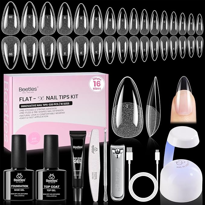 Beetles Gel Nail Kit Flat-X, Almond Medium, 320pcs 16 Sizes Nail tips, with 15g Nail Glue Gel Hands-Free, 7.5ml Base Gel & Top Coat, Mini Lamp, for Acrylic Press On Nail, Extension DIY Set at Home