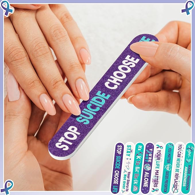 H1vojoxo Suicide Prevention Awareness Nail Files - 48pcs Purple Teal Ribbon Emery Board Inspirational Motivational Nail File for Suicide Prevention Awareness Favor Volunteer Charity Campaign Supplies