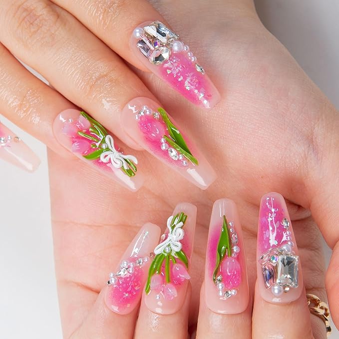 LOVFUL Press on Nails Blushing Tulips | Handmade with Full Covered Crystals | Reusable Full Cover Nails | Coffin Classic Regular 1.3 in | H459-S