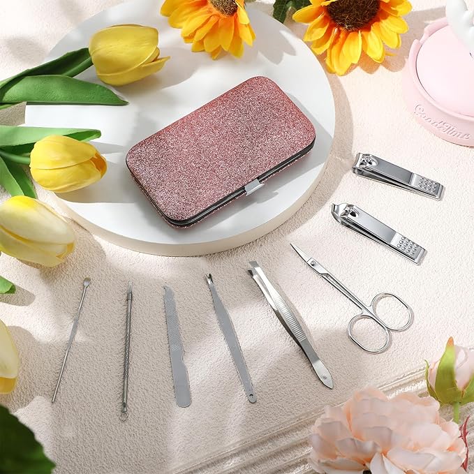 Geosar 12 Sets Manicure Set Nail Clippers Pedicure Kit 8 in 1 Grooming Stainless Steel Kits Nail Care Tools with Travel Case for Employee Coworker Teachers Nurse Gifts(Glitter Pink)