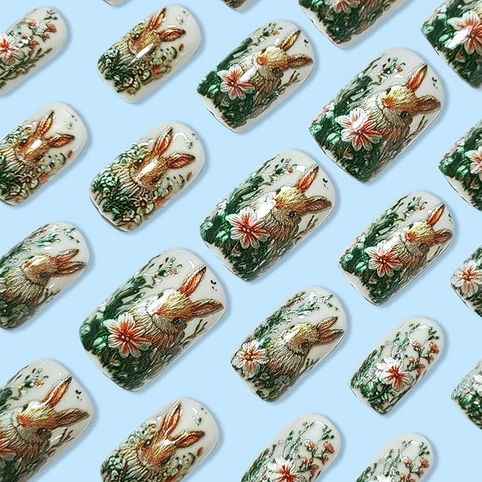 24 Pcs Easter Medium Square Shaped Press on Nails with Cute Bunny Design Embossed Acrylic Nails Spring Pink White Flower False Nails Full Cover Easter Rabbit Stick on Nails for Women Nail Art Manicure